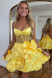 Yellow A-Line Spaghetti Straps Short Homecoming Dress with 3D Flowers