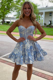 Blue Sweetheart A-Line Short Floral Print Homecoming Dress