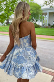 Blue Sweetheart A-Line Short Floral Print Homecoming Dress