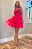 Fuchsia A-Line Halter Neck Short Tiered Tulle Homecoming Dress
