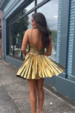 Golden A-Line Halter Neck Short Metallic Homecoming Dress