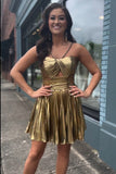 Golden A-Line Halter Neck Short Metallic Homecoming Dress