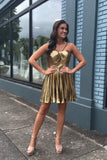 Golden A-Line Halter Neck Short Metallic Homecoming Dress