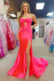 Hot Pink Mermaid Strapless Keyhole Satin Long Prom Dress with Slit