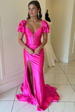 Hot Pink Mermaid V-Neck Short Sleeves Satin Pleated Long Prom Dress with Slit