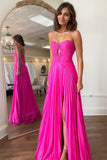 Hot Pink A-Line Strapless Keyhole Pleated Prom Dress with Slit