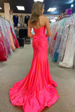Hot Pink Mermaid Strapless Keyhole Satin Long Prom Dress with Slit