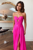 Hot Pink A-Line Strapless Keyhole Pleated Prom Dress with Slit