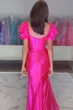 Hot Pink Mermaid V-Neck Short Sleeves Satin Pleated Long Prom Dress with Slit
