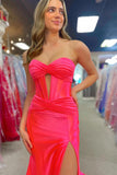 Hot Pink Mermaid Strapless Keyhole Satin Long Prom Dress with Slit
