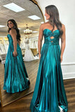 Green A Line Strapless Metallic Keyhole Pleated Prom Dress with Slit