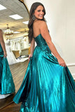 Green A Line Strapless Metallic Keyhole Pleated Prom Dress with Slit