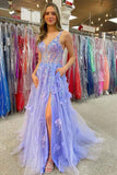 Lavender A Line V-Neck Sequined Appliques Long Prom Dress with Slit