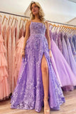 Lavender A-Line Spaghetti Straps Lace Appliques Prom Dress with Slit