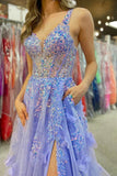 Lavender A Line V-Neck Sequined Appliques Long Prom Dress with Slit