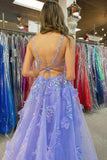 Lavender A Line V-Neck Sequined Appliques Long Prom Dress with Slit