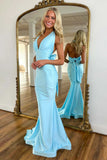 Light Blue Mermaid Deep V Neck Halter Backless Prom Dress