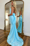 Light Blue Mermaid Deep V Neck Halter Backless Prom Dress