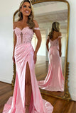 Light Pink Mermaid Off the Shoulder Appliqued Long Prom Dress with Slit