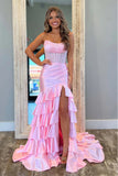 Light Pink Mermaid Strapless Corset Long Prom Dress with Ruffle Skirt