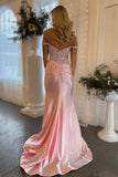 Light Pink Mermaid Off the Shoulder Appliqued Long Prom Dress with Slit