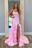 Light Pink Mermaid Strapless Corset Long Prom Dress with Ruffle Skirt