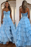 Blue A Line Strapless Satin Corset Long Prom Dress with Ruffle Skirt