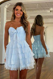 Light Blue A Line Tulle Sweetheart Tiered Homecoming Dress