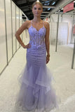 Lilac Mermaid Spaghetti Straps Ruffles Long Prom Dress with Appliques