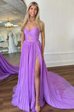 Lilac A Line Pleated Strapless Prom Dress with Slit