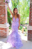 Purple Mermaid Stunning V-Neck Spaghetti Straps Long Prom Dress with Appliques