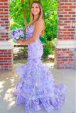 Purple Mermaid Stunning V-Neck Spaghetti Straps Long Prom Dress with Appliques