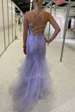 Lilac Mermaid Spaghetti Straps Ruffles Long Prom Dress with Appliques