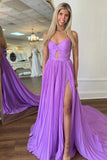 Lilac A Line Pleated Strapless Prom Dress with Slit