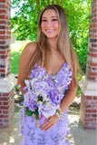 Purple Mermaid Stunning V-Neck Spaghetti Straps Long Prom Dress with Appliques