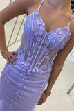 Lilac Mermaid Spaghetti Straps Ruffles Long Prom Dress with Appliques