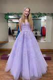 Lilac A Line Square Neck Long Prom Dress with Appliques