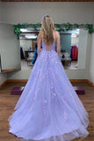 Lilac A Line Square Neck Long Prom Dress with Appliques