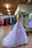 Lilac A Line Square Neck Long Prom Dress with Appliques