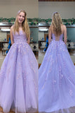 Lilac A Line Square Neck Long Prom Dress with Appliques