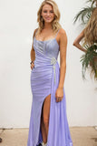 Lilac Mermaid Spaghetti Straps Rhinestone Pleated Prom Dress with Slit