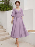 A-Line V-Neck 1/2 Sleeves Chiffon Mother Of The Bride Dresses With Lace