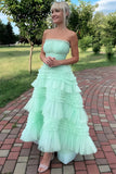 Mint Green A-Line Strapless Scoop Neck Tiered Tulle Prom Dress