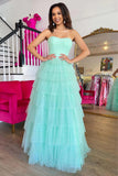 Mint Green A Line Straplesss Tulle Tiered Prom Dress