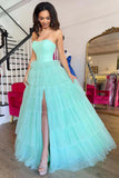 Mint Green A Line Straplesss Tulle Tiered Prom Dress