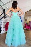Mint Green A Line Straplesss Tulle Tiered Prom Dress