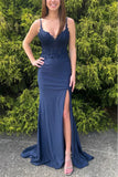 Navy Blue Mermaid Spaghetti Straps V-Neck Appliques Long Prom Dress with Slit