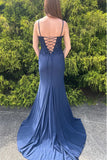 Navy Blue Mermaid Spaghetti Straps V-Neck Appliques Long Prom Dress with Slit