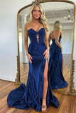 Navy Blue Sweetheart Mermaid Long Satin Prom Dress with Split
