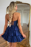 Sparkly Black Pink A Line Corset Strapless Tiered Homecoming Dress To Impress